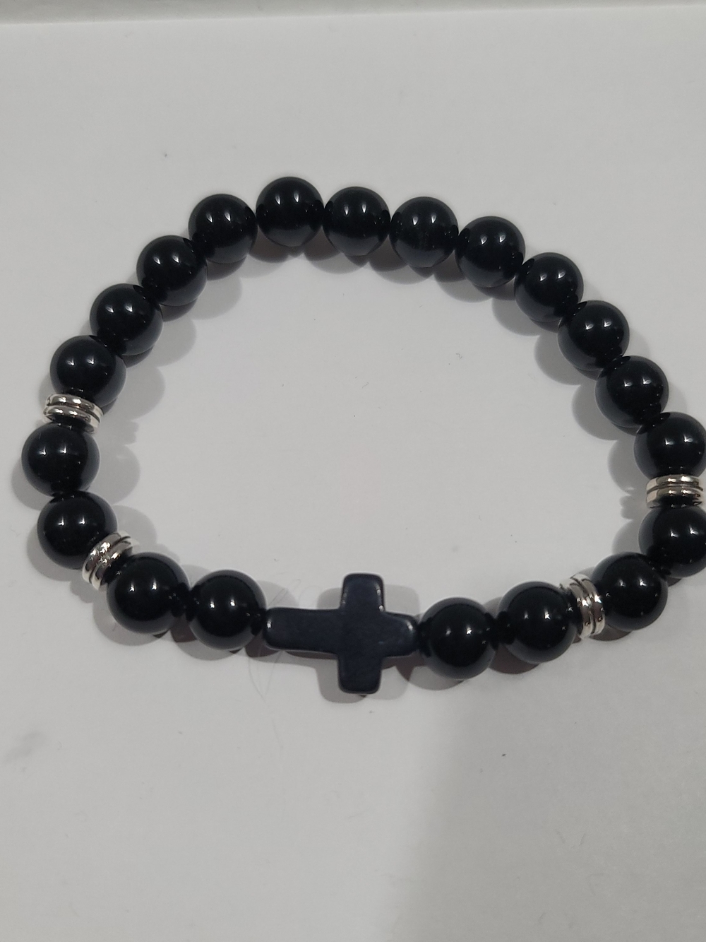 Black Beaded Cross Stretch Bracelet - Mens / Women Accessory